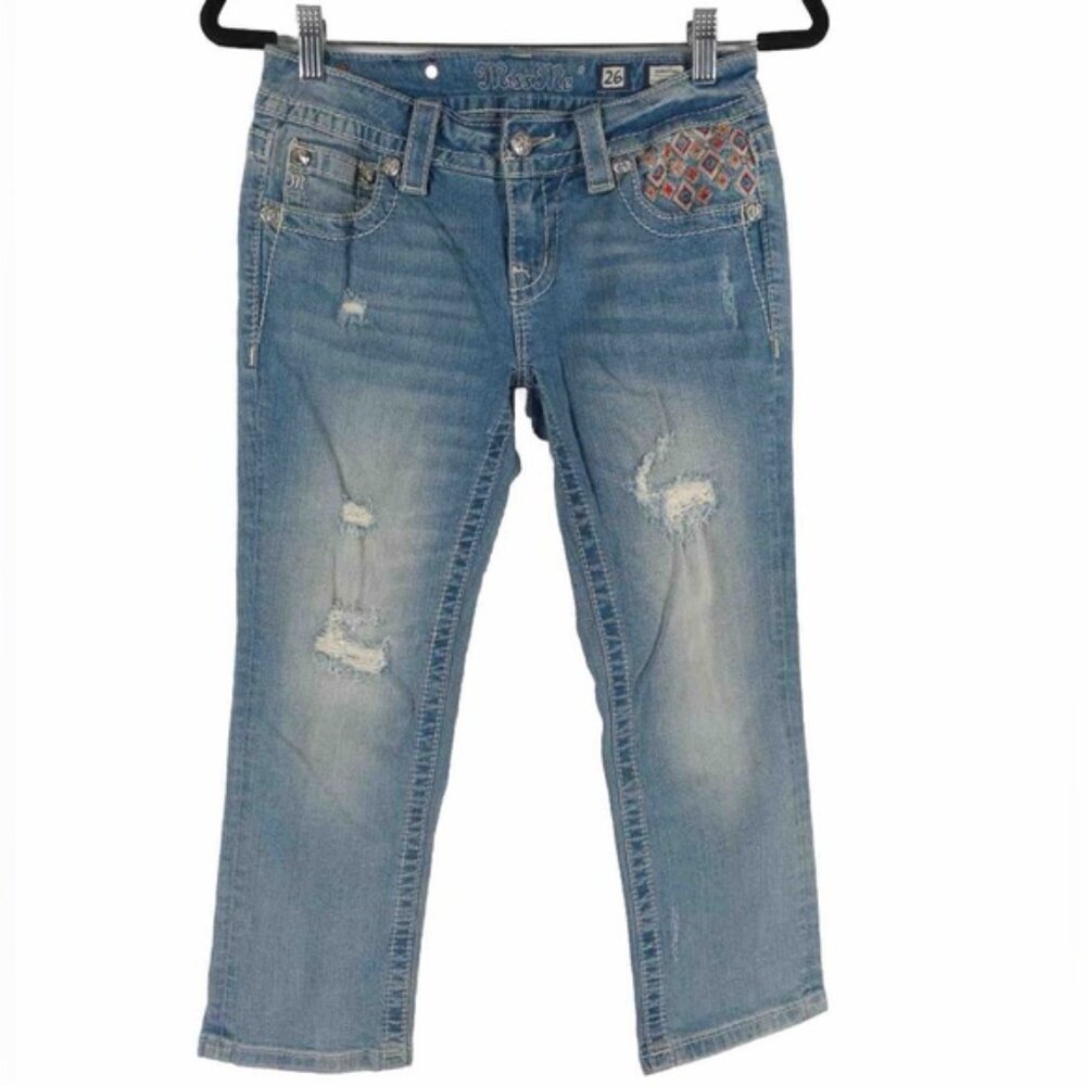 Miss Me Jeans SIGNATURE CUFFED CAPRI Crop Distressed Embroidered JP8229P Size 26
